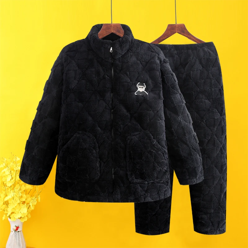 2024新款冬季三层加厚男珊瑚绒棉袄宽松大码套装冬季棉睡衣男士
