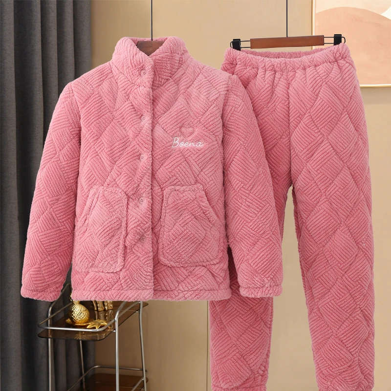 2024新款立领纽扣款睡衣珊瑚绒加厚夹棉法兰绒保暖女士加绒家居服