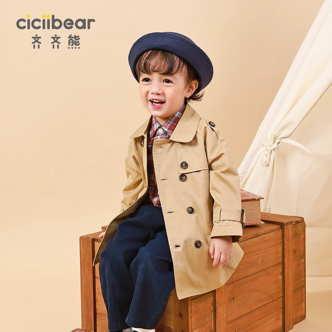 CICIIBEAR/齐齐熊男童女英伦风学院风双排扣风衣中长款外套QQ9055