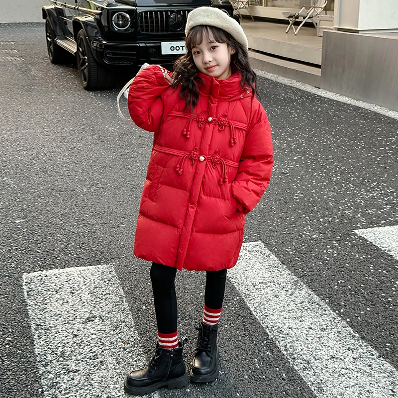 女童中国风棉服冬装2023新款6-12岁儿童红色中长款中大童拜年服潮