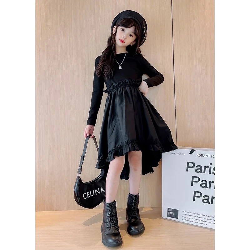 女童假两件黑色连衣裙春秋季2025新款儿童礼服裙中大童裙子小女孩