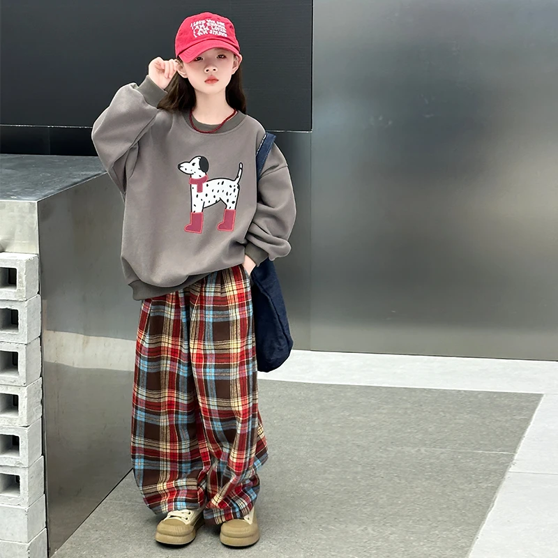 女童卫衣套装春秋2024新款洋气大童秋装时髦上衣儿童宽松格子裤子