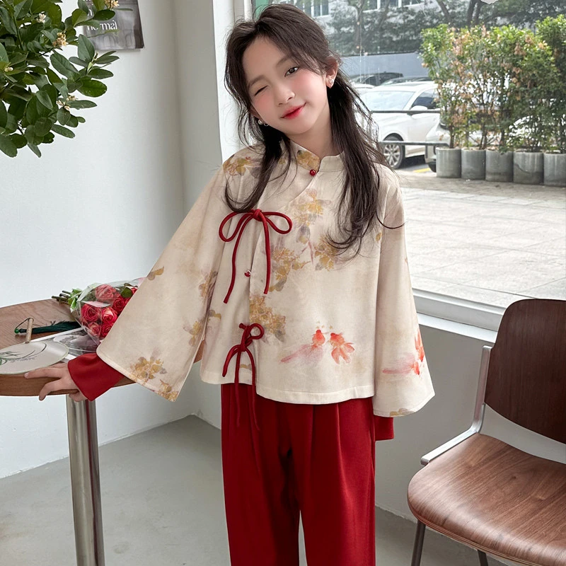 女童新中式唐装套装春秋2024新款中大女童古风长袖上衣中国风套装