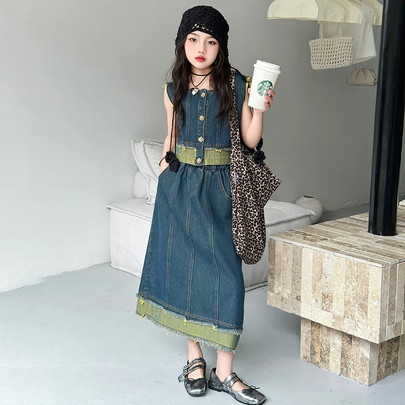 女童夏装牛仔套装薄款韩系休闲毛边拼色复古马甲半身裙长裙两件套