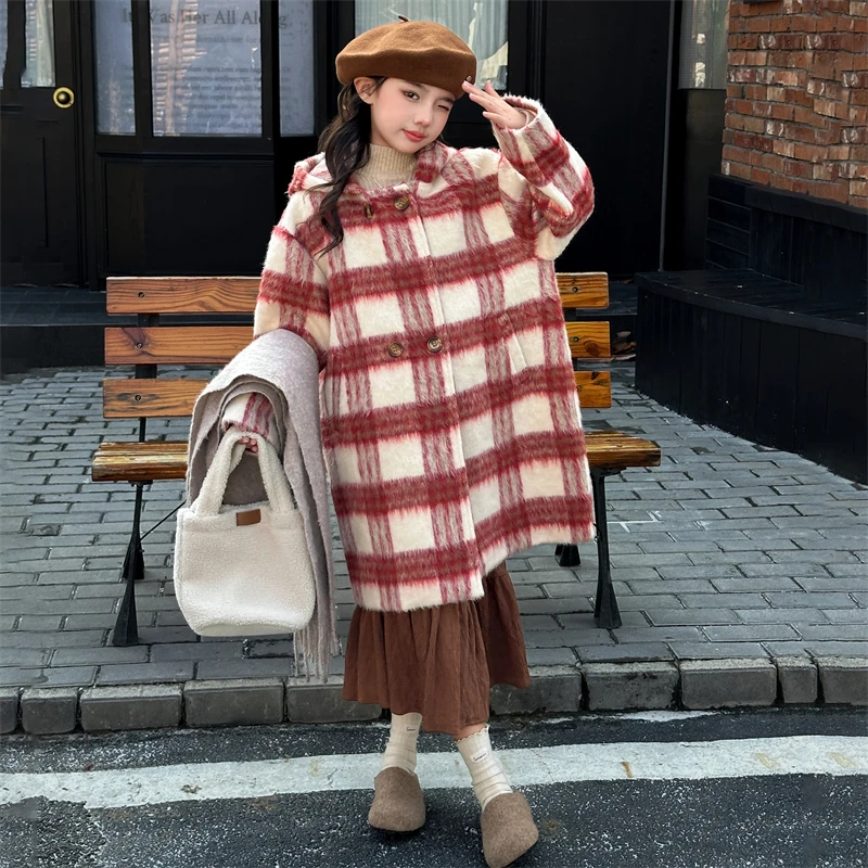 女童毛呢大衣2024新款秋冬韩版中长款洋气格子外套加厚毛呢大衣潮