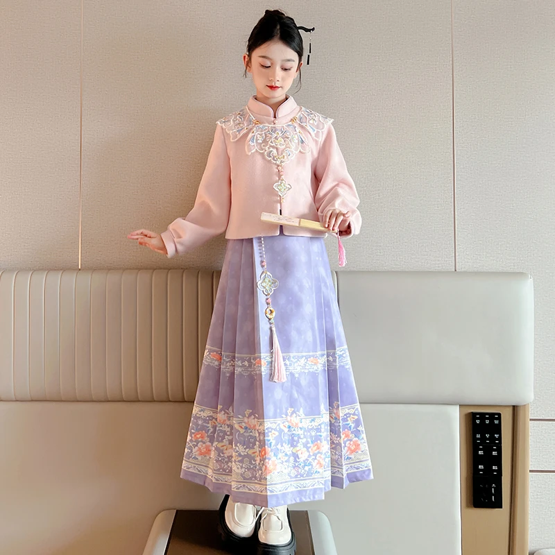 女中大童夹棉加厚呢大衣马面裙套装2023秋冬季网红女大童中国风装
