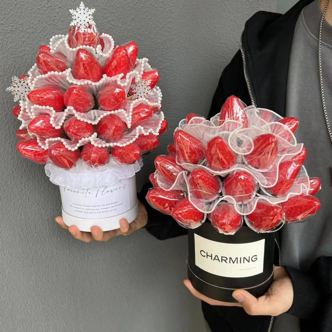 【花儿乐】圣诞草莓塔抱抱桶迷你掌心银色镜面花盒草莓圣诞树小圆桶