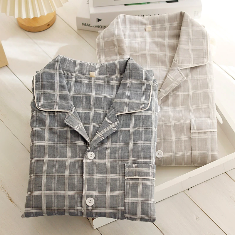 春夏睡衣男套装薄款休闲格子全棉长袖男士宽松大码家居服两件套