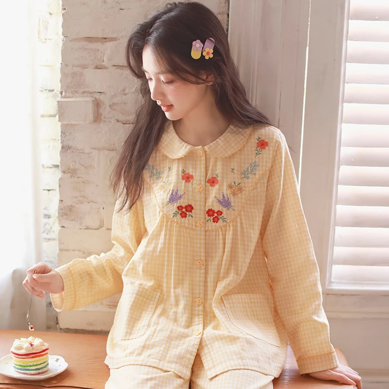 『静秋』三层棉纱纯棉女款睡衣套装春秋甜美刺绣格子长袖休闲家居服