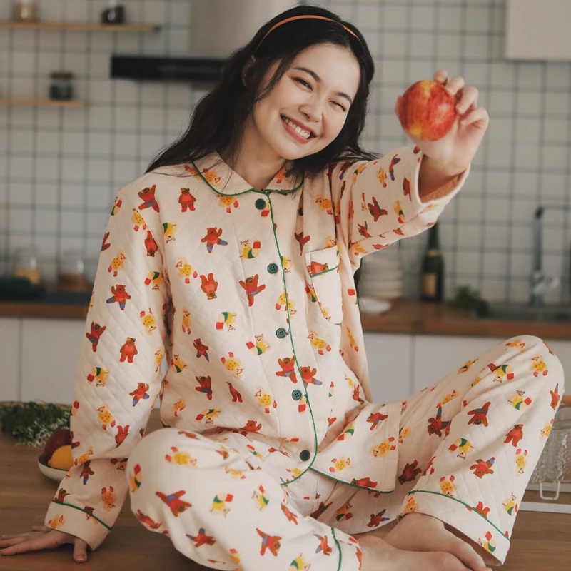 『一起跳舞』睡衣秋季女款秋冬夹棉卡通小熊可爱少女纯棉家居服套装