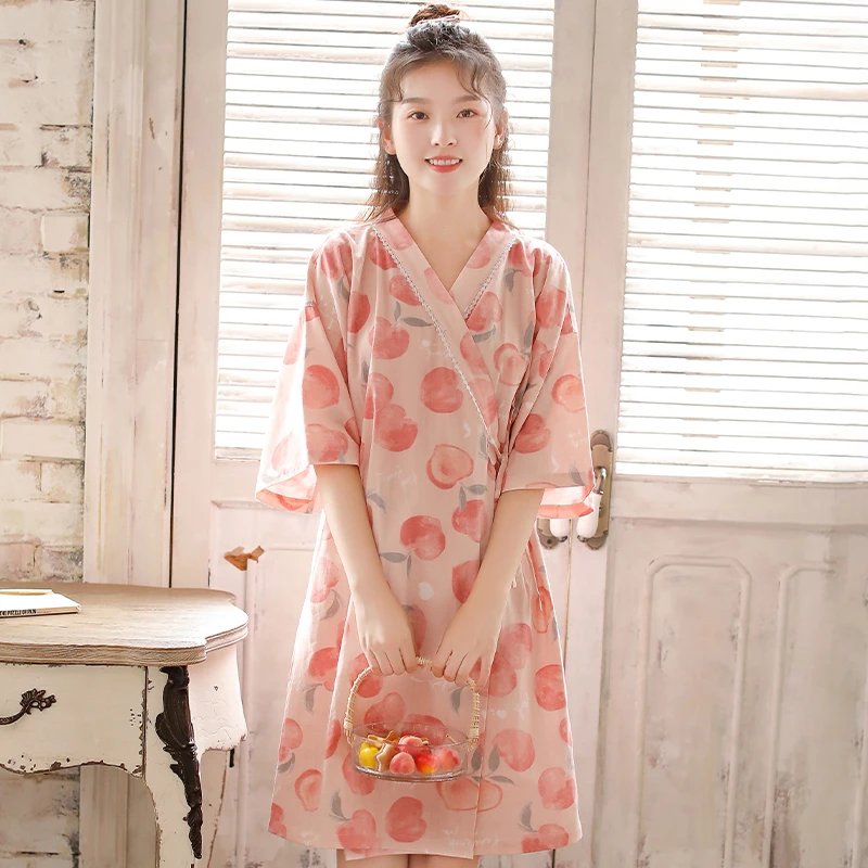 『人间水蜜桃 』睡衣女夏纯棉纱布睡裙可爱短袖和服宽松家居服裙子