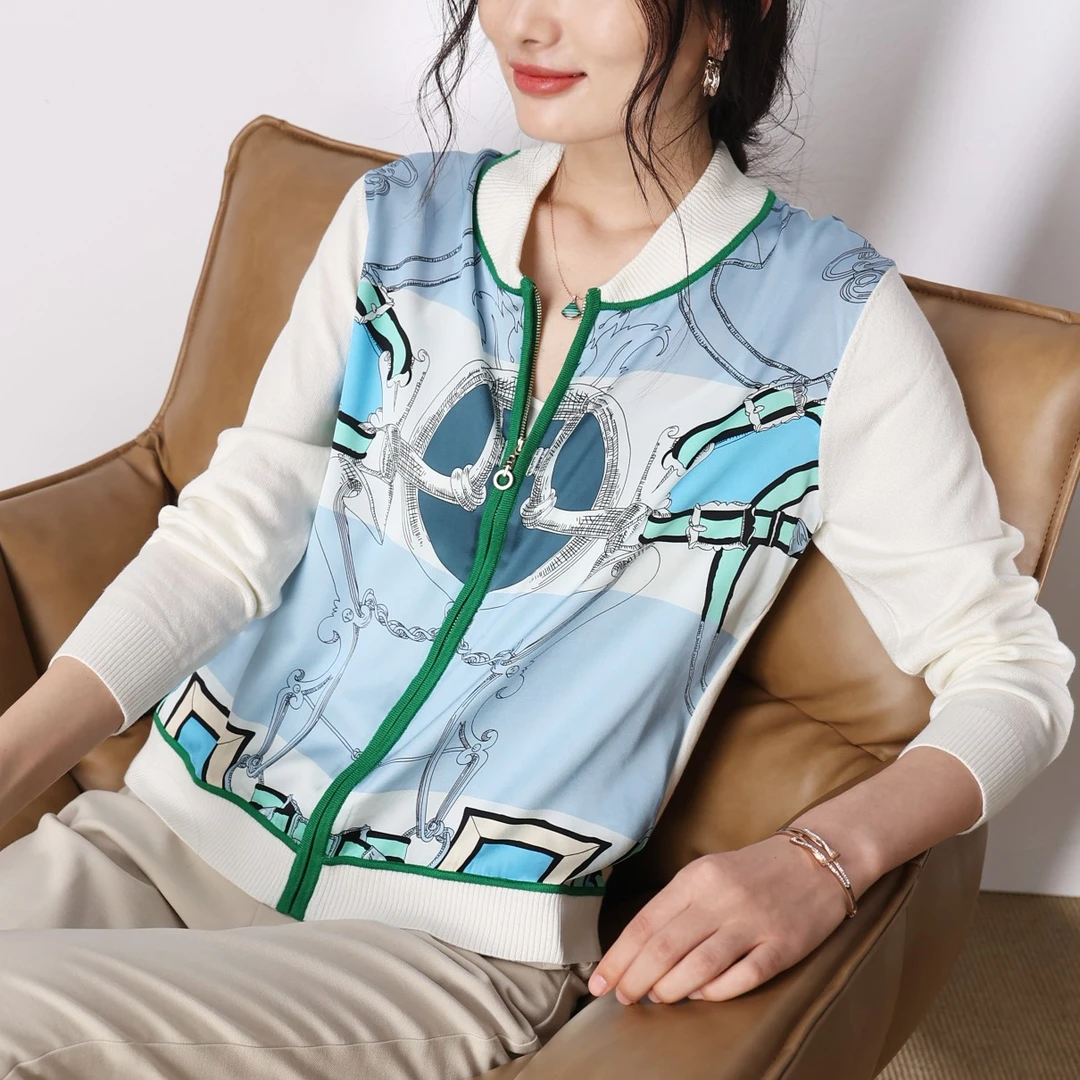 【2025春夏新款】21003桑蚕丝针织拼接休闲时尚气质百搭印花外穿