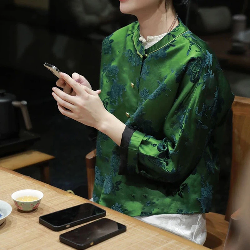 新款爆款今年流行款穿搭高级感气质小香风新中式国风绿色提花外套