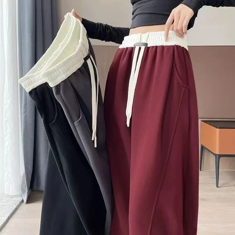 安可拉红撞色镰刀裤女春秋加绒款松紧高腰宽松垂感休闲阔腿运动裤