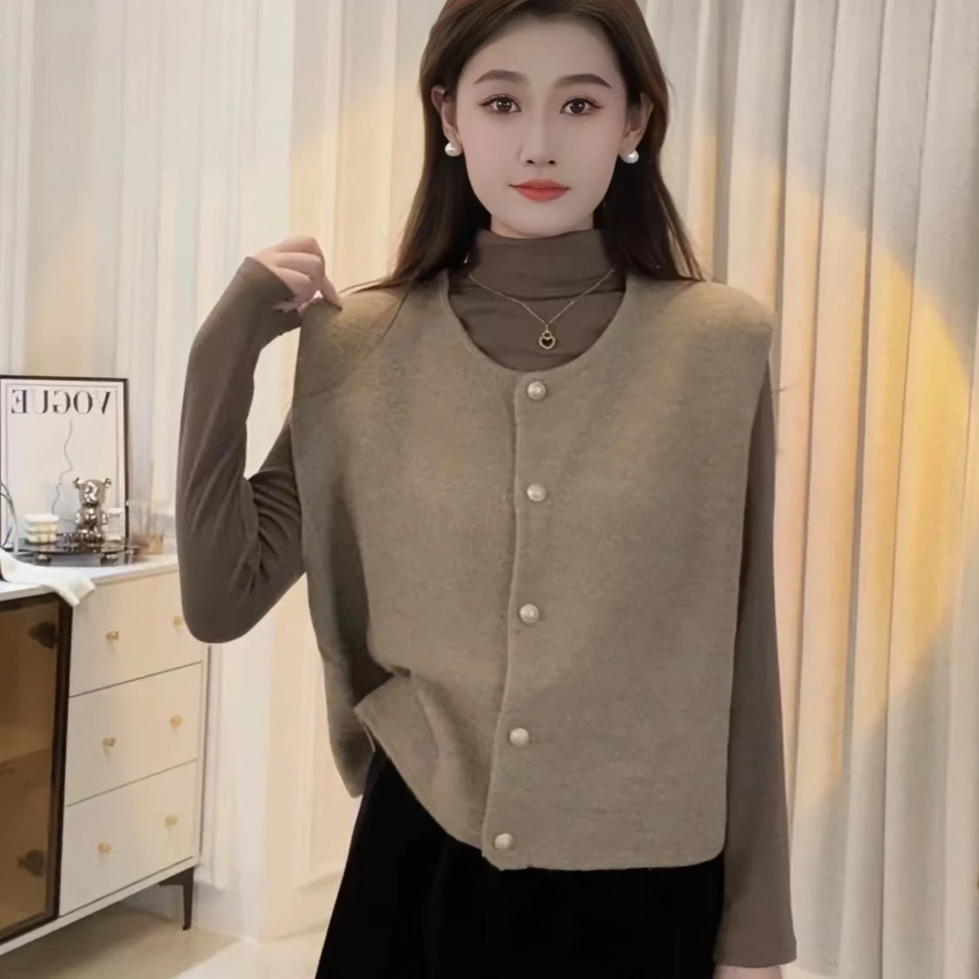 秋冬季新款圆领宽松洋气百搭针织开衫马甲女毛衣背心外搭上衣065