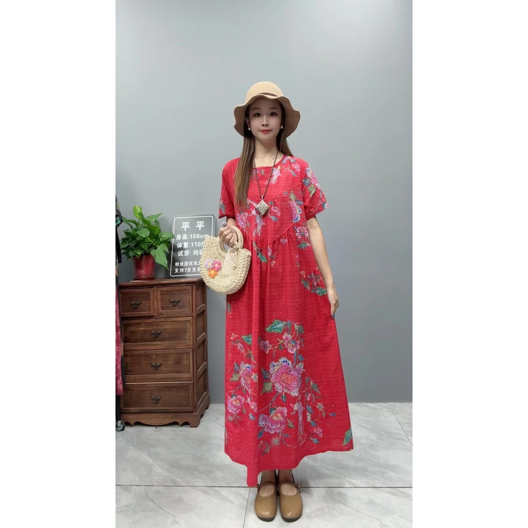 3376夏季新款清凉女气质时尚复古遮肚宽松圆领显瘦百搭休闲连衣裙