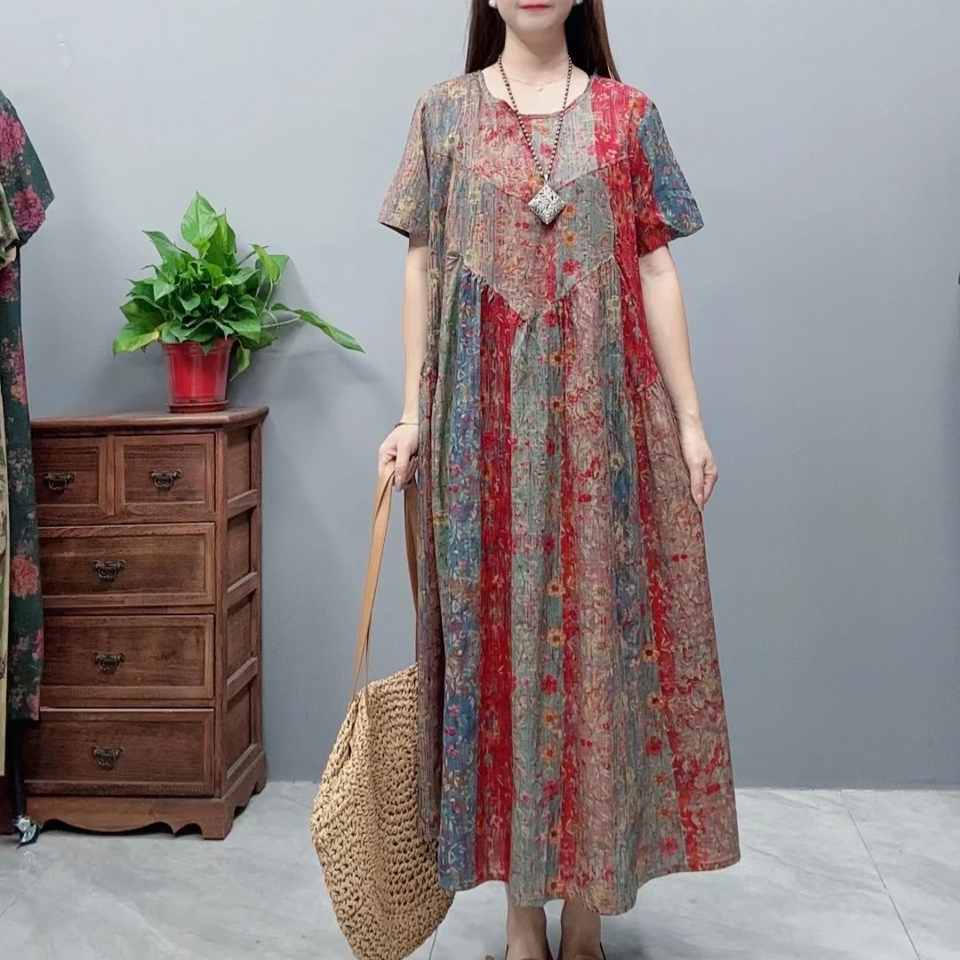 3281新款夏季长款气质时尚复古遮肚宽松圆领显瘦百搭休闲连衣裙