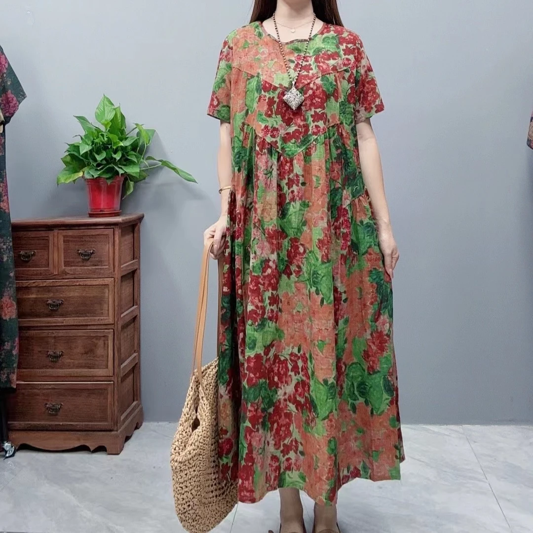 3280夏季新款清凉女气质时尚复古遮肚宽松圆领显瘦百搭休闲连衣裙