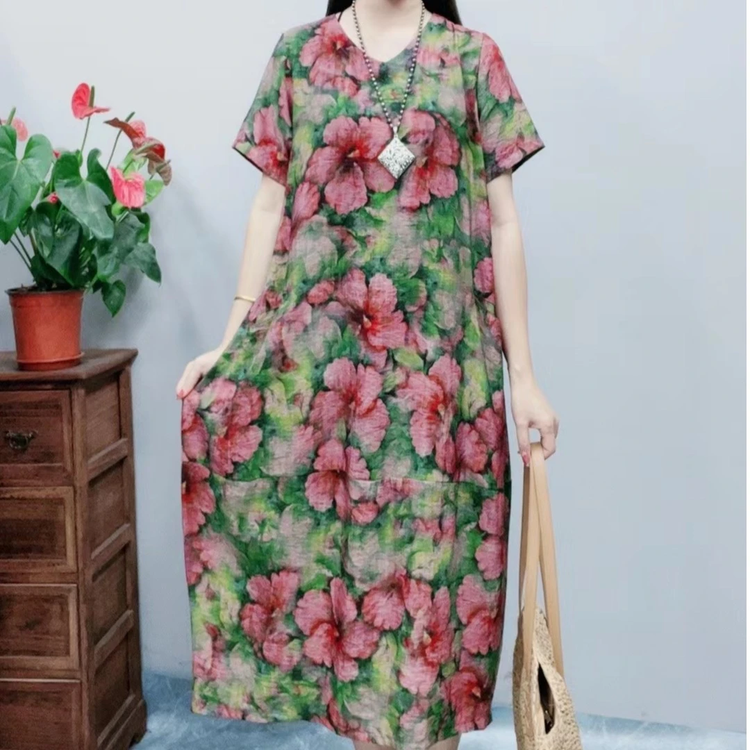 1087新款夏季短袖宽松韩版V领休闲显瘦时尚女士中长款衣裙ZQ