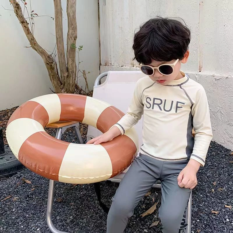 儿童夏季游泳衣洋气分体泳装防晒长袖长裤男童宝宝字母运动速干衣