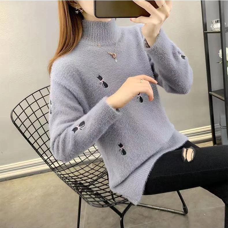 水貂绒毛衣女2025年秋冬季新款百搭加厚短款刺绣半高领针织打底衫