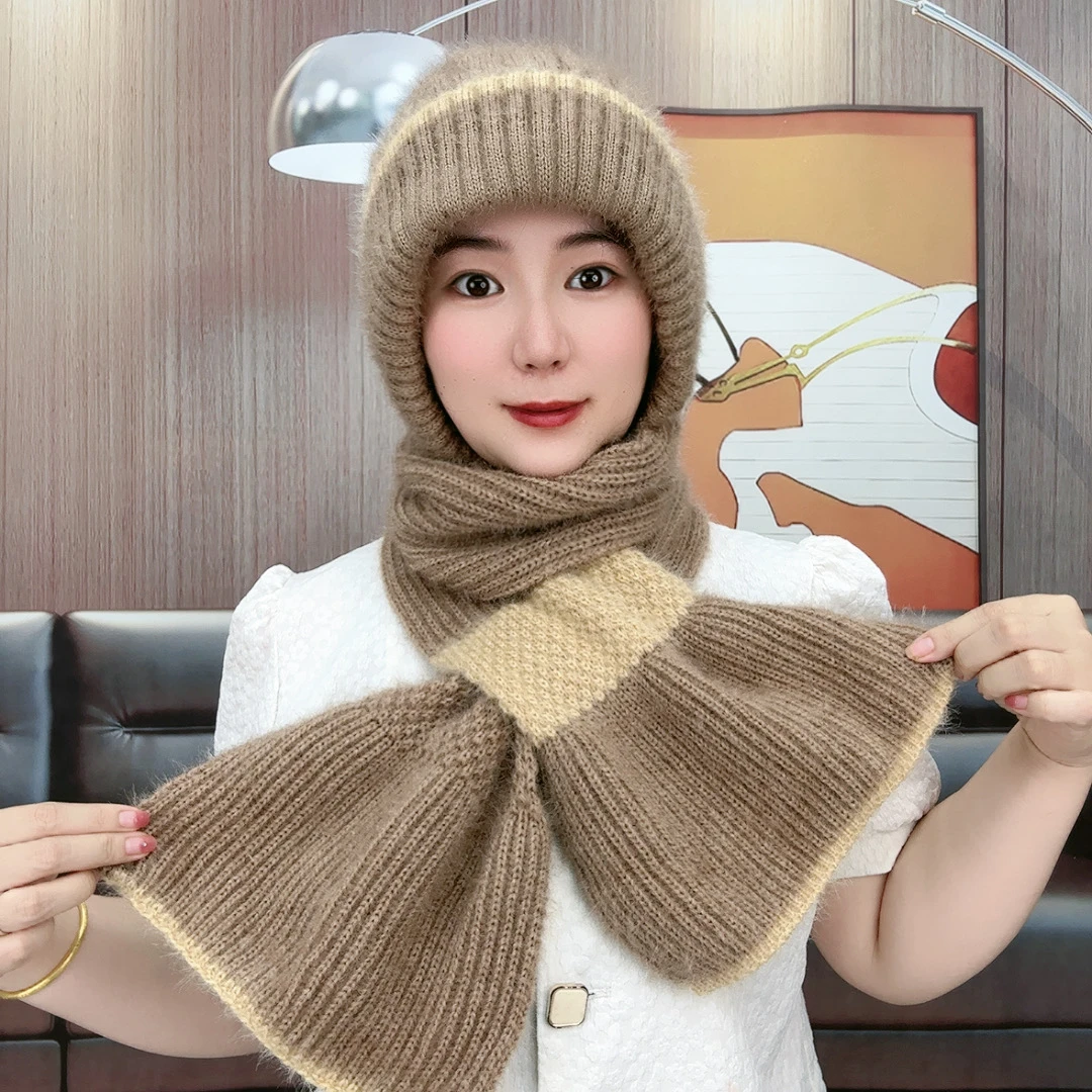 2024新款加绒时尚编织风雪帽子百搭女士冬天护耳朵帽围巾帽子一体