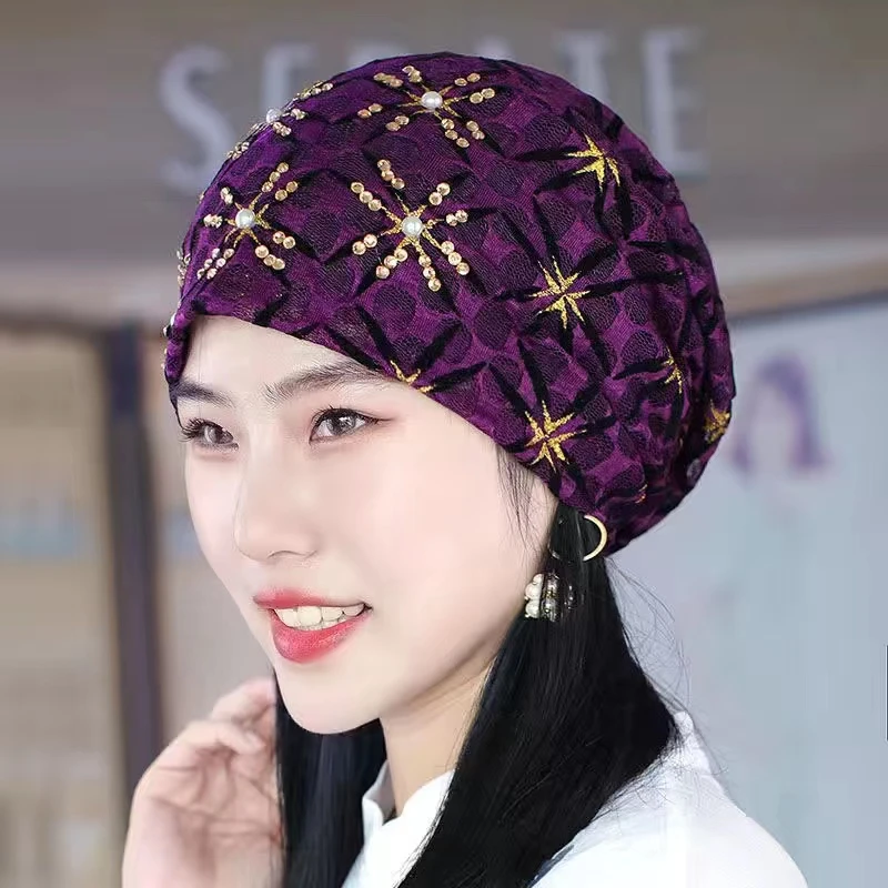 春夏薄款珍珠女款空调帽堆堆帽潮流百搭头巾帽时尚包头帽