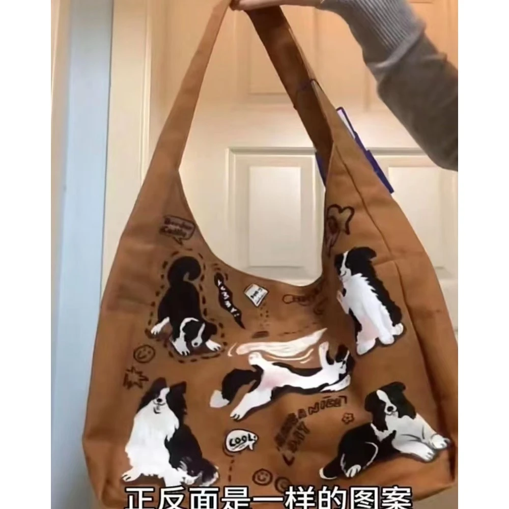 2024小短腿复古单肩包小众原创可爱小狗印花包大容量休闲帆布包女