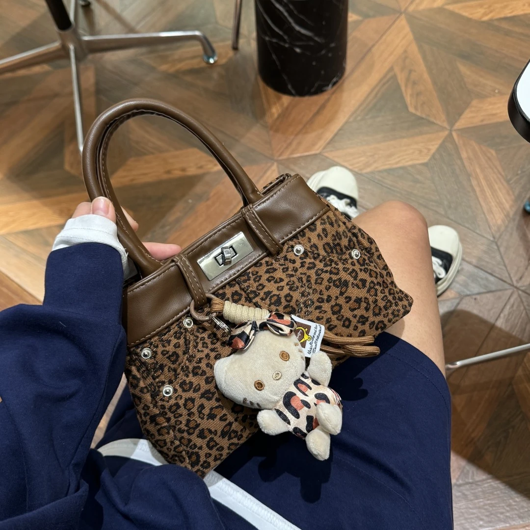 手提豹纹复古拼接托特包包女式2025新款轻奢小众高级感凯莉包秋季