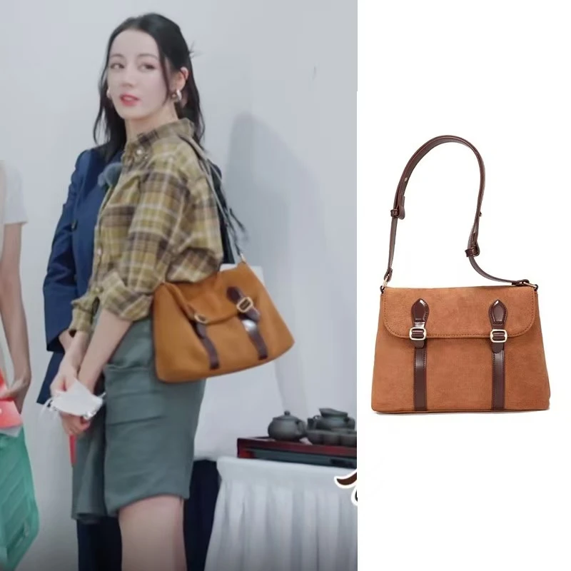 迪丽热巴花儿与少年同款复古绒面单肩包2025新款邮差包百搭斜跨包