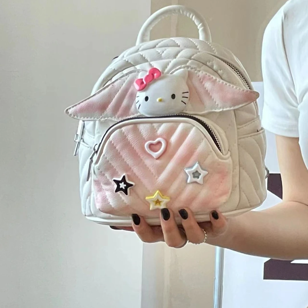 可爱HelloKitty扎染翅膀双肩包女2025新少女菱格KT猫小背包斜挎包