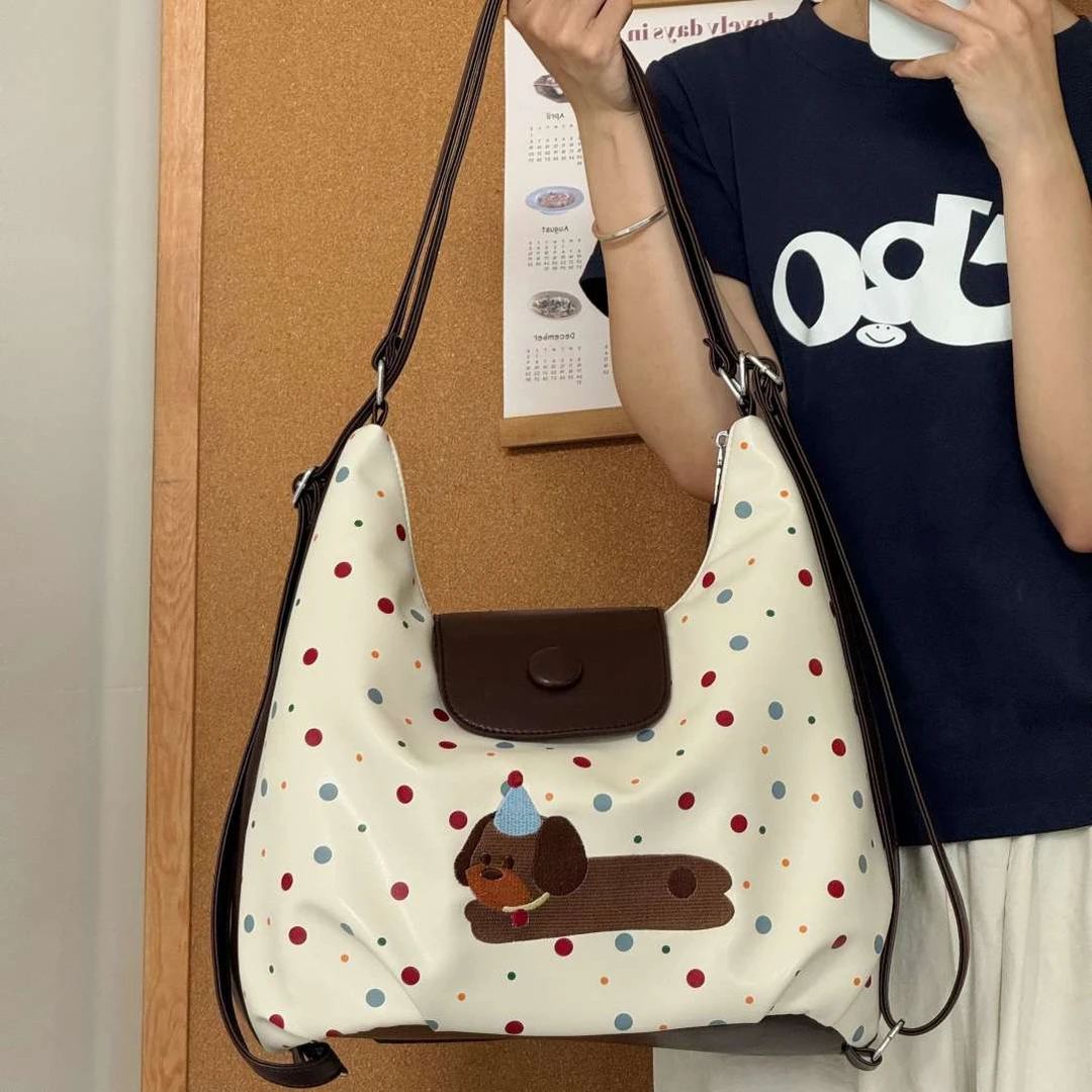 可爱彩色波点腊肠狗双肩包包女2025新款高级感大容量单肩托特背包