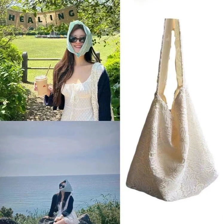 2025新款赵露思大容量简约通勤单肩包田园风水溶蕾丝夏日温柔仙美