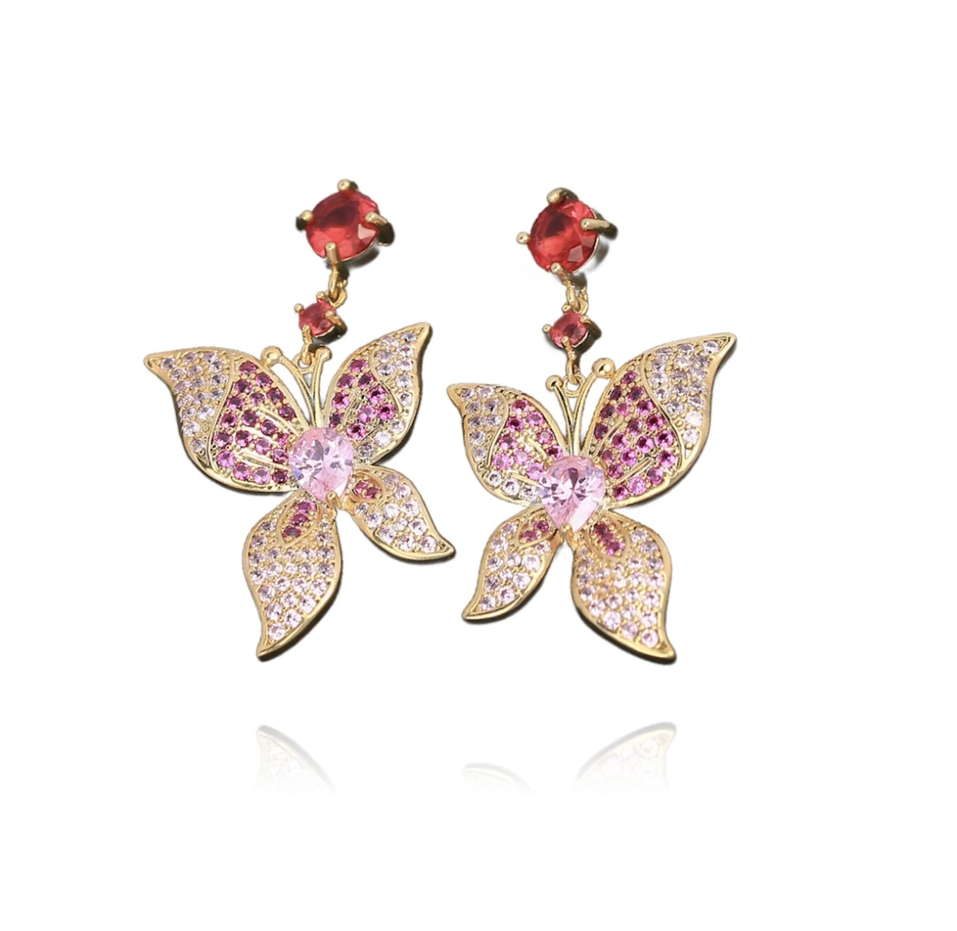 铜合金合成锆石耳饰 X4379 - 微镶蝴蝶轻奢耳环