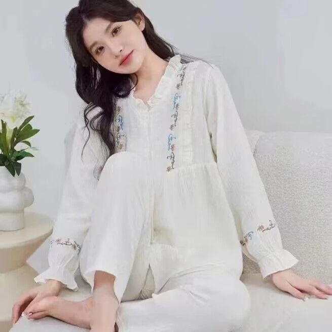 【100%纯棉纱布】月子服5-10月份春夏季孕妇产妇哺乳绣花睡衣套装