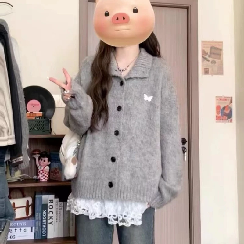 灰色翻领毛衣外套女秋冬2024新款慵懒风宽松外穿针织开衫长袖上衣