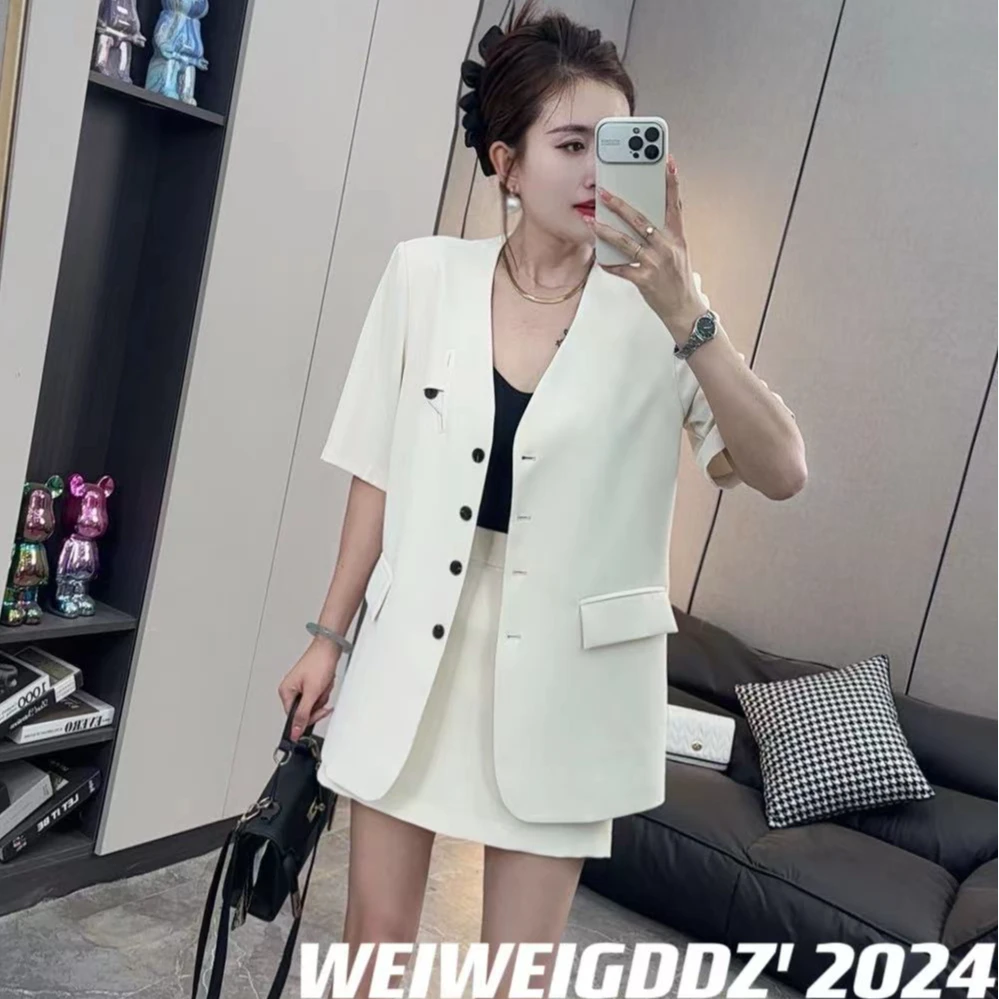 HU韩版夏季西装套装女2025新款时尚显瘦休闲短袖高腰短裙