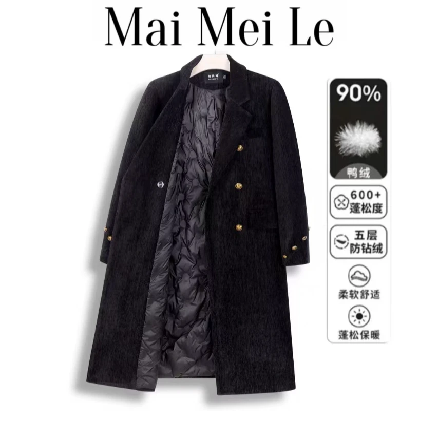 90白鸭绒西装羽绒服加绒加厚雪尼尔2024冬季长款外套大衣