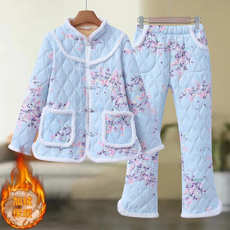 冬季新款加绒加厚棉衣棉裤碎花时尚洋气保暖棉袄棉裤两件套中国风