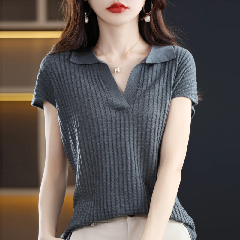 POLO领短袖针织T恤衫女气质方领短款上衣韩版时尚薄款体恤打底衫