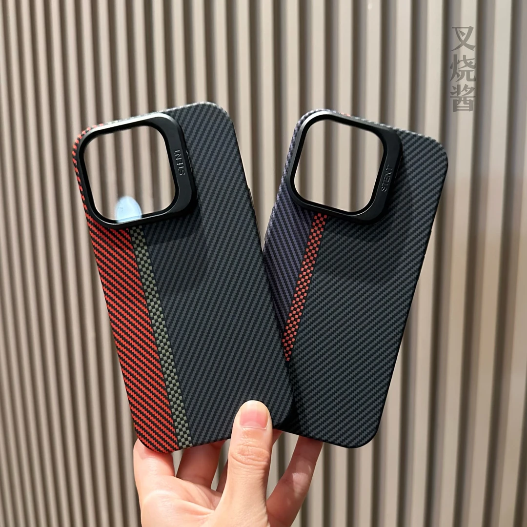 15碳纤维纹PC护镜支架适用苹果14ProMax手机壳磨砂iPhone13简约12
