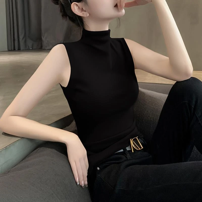 莫代尔半高领背心女夏季新款内搭紧身显瘦小众黑色打底衫女内搭