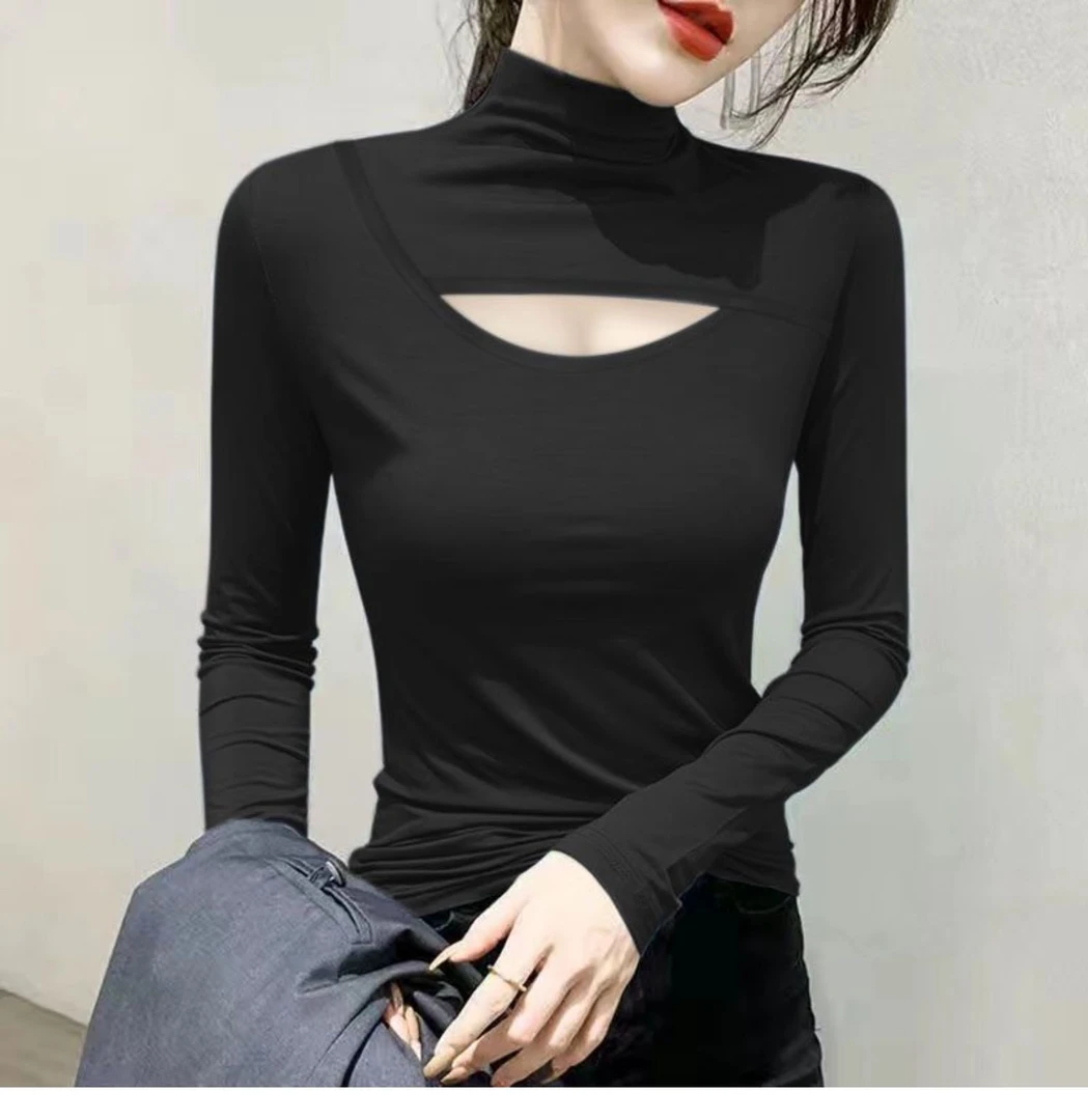 半高领长袖恤女黑色设计镂空漏胸秋季内搭女装秋款爆款2025新款
