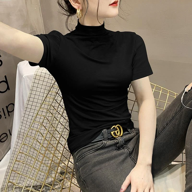 半高领莫代尔短袖打底衫女春夏百搭T恤2024秋装女款内搭女打底衫