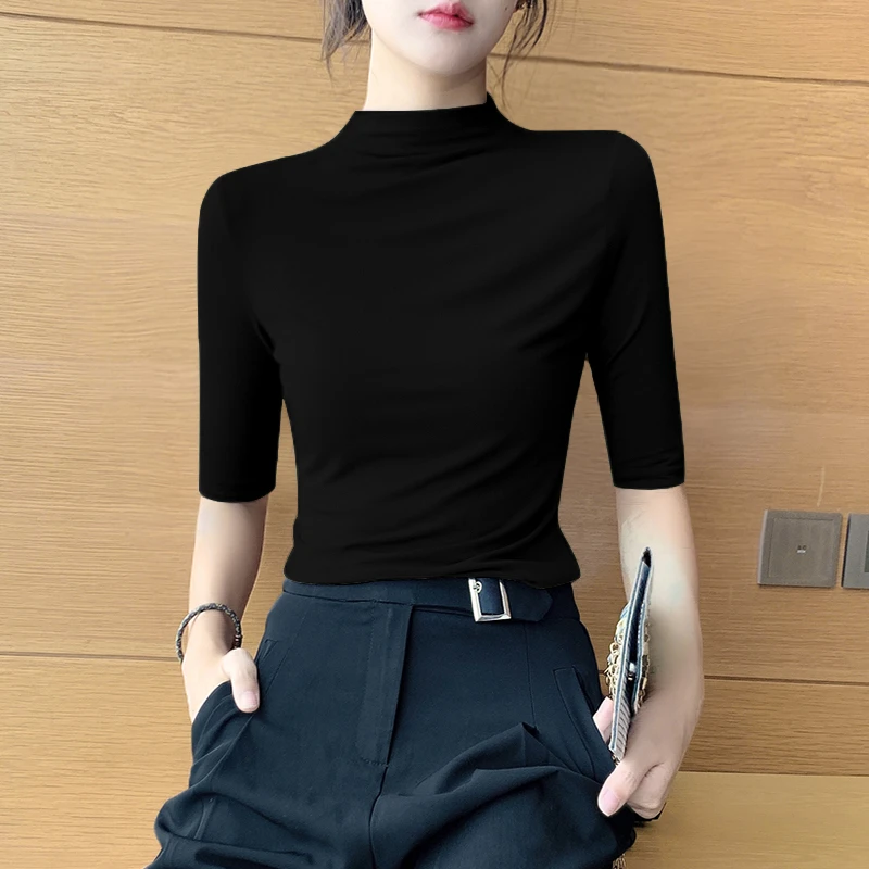 莫代尔半高领中袖t恤女短袖春夏新款五分袖秋装女款爆款2025新款