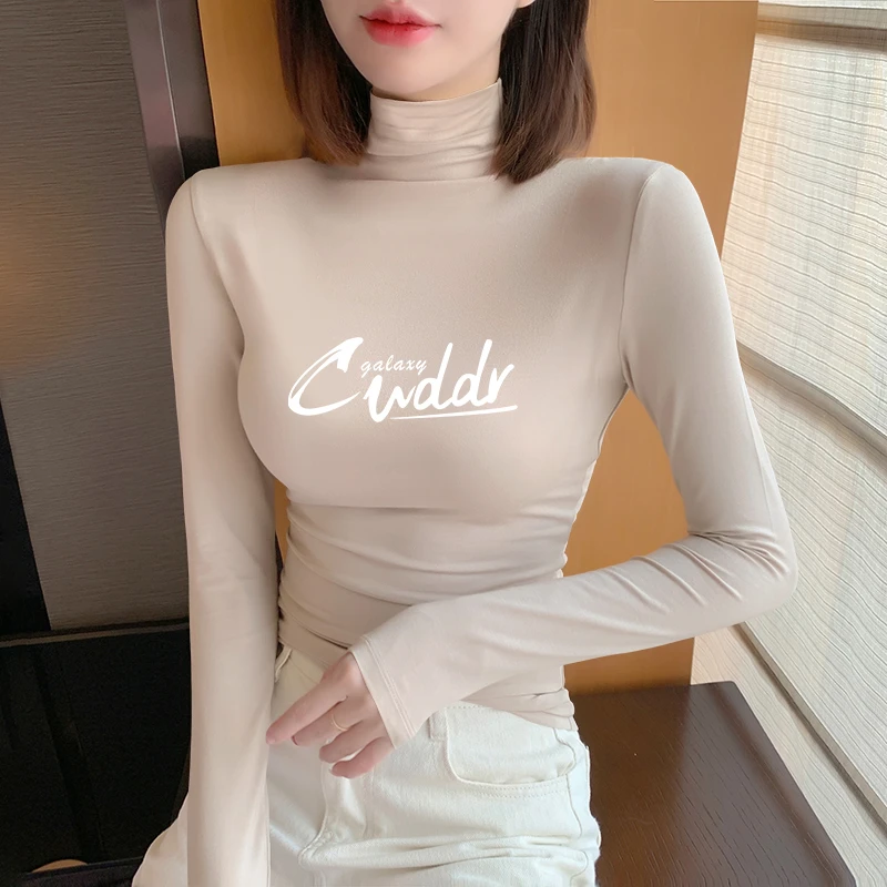 秋冬薄莫代尔高领白色打底衫女内搭修身显瘦字母冬季打底衫女内搭