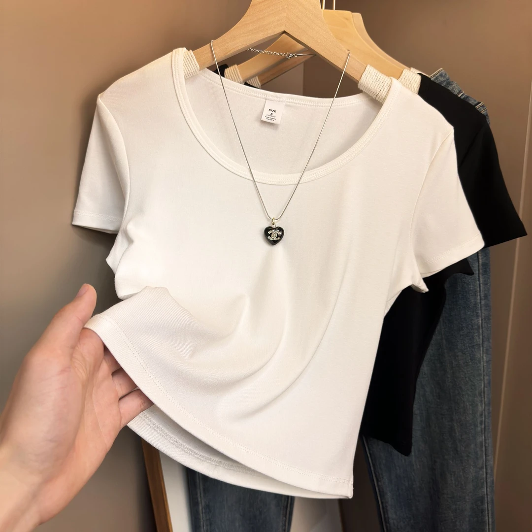 打底衫t恤短款夏季修身纯色显瘦高腰百搭小众圆领韩版时尚简约女