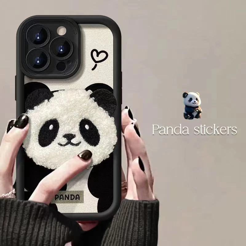 毛绒熊猫苹果15promax手机壳全包iPhone14软壳13小众12防摔14PLUS