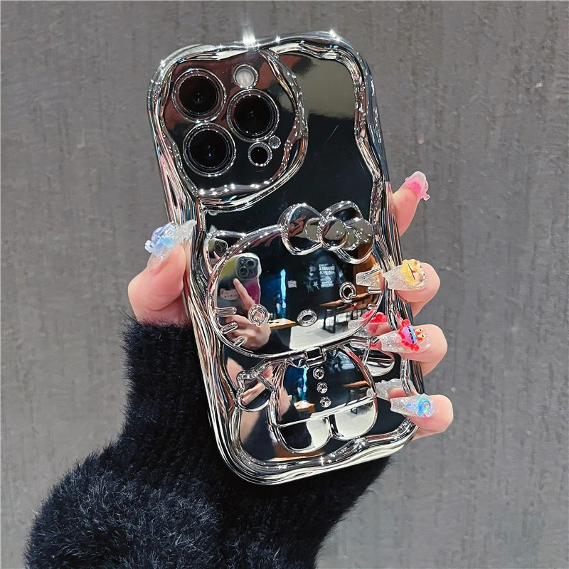 凯蒂猫支架曲边苹果11/12PROMAX/13/14PLUS手机壳iPhone6/7/8电镀