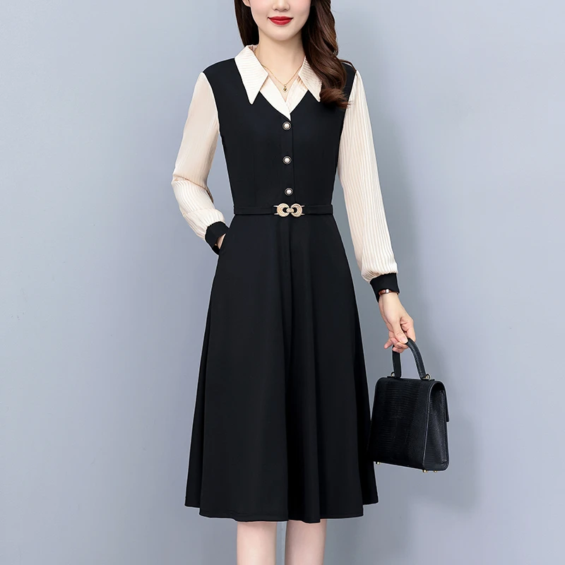 条纹拼色假两件套气质修身中长款大码女装胖mm春秋长袖连衣裙显瘦